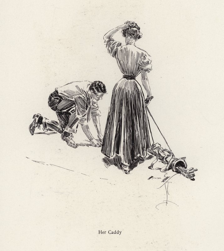 Golf sahasında bir kadın için caddying adam (litho) by Harrison Fisher