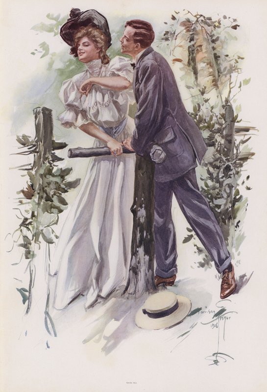 Genç bir kadından öpücük çalmaya çalışan adam (renkli taş) by Harrison Fisher