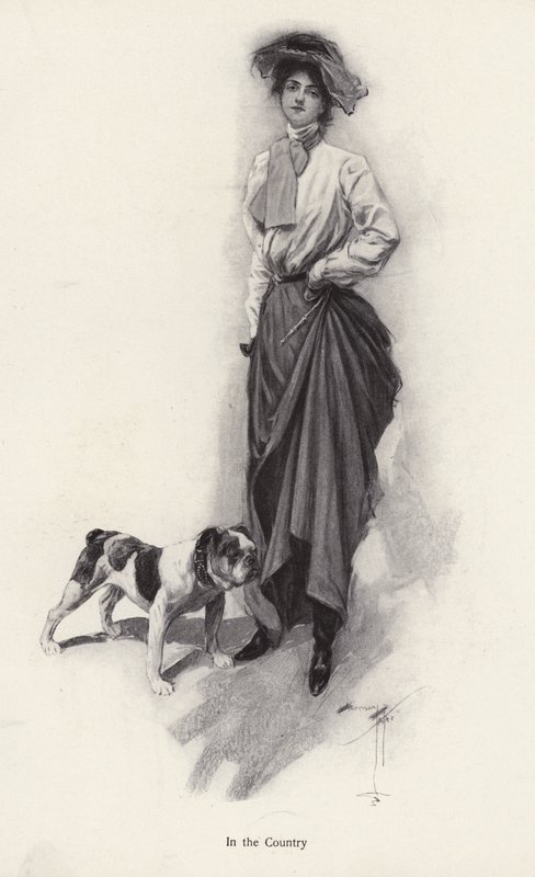 Bulldog (litho) ile kırsal kesim için giyinmiş bir kadının portresi by Harrison Fisher