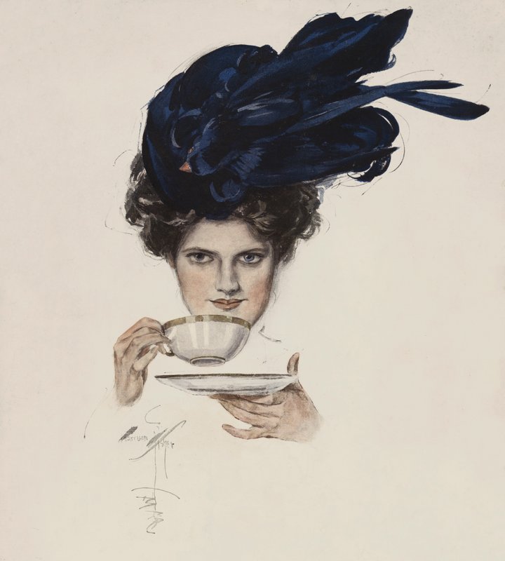 Çay içen süslü şapkalı bir kadının portresi (renkli taş) by Harrison Fisher