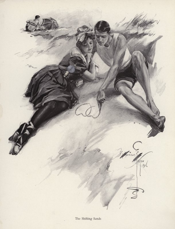 Sahilde kuma kalp çizen iki sevgili (lito) by Harrison Fisher