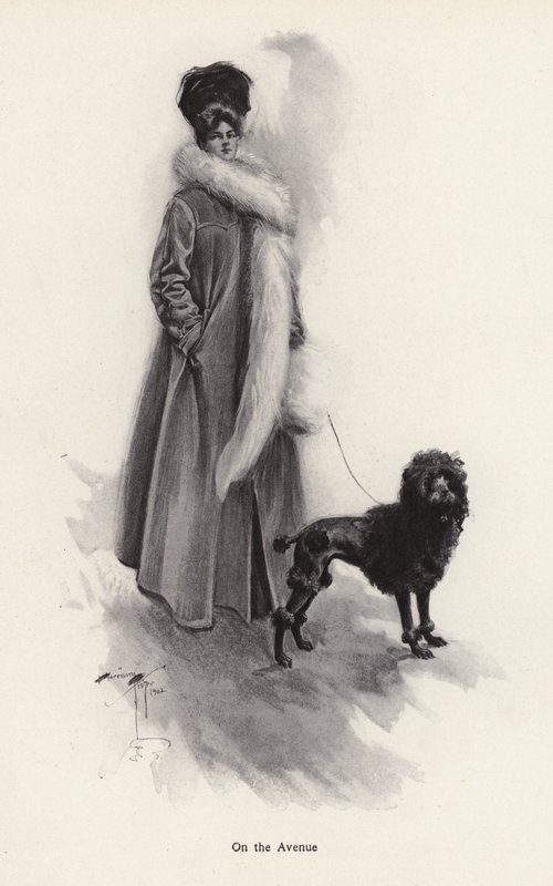 Bir fino köpeği ile uzun paltolu kadın (litho) by Harrison Fisher