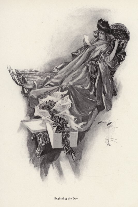 Bir hayrandan bir buket çiçek alan kadın (lito) by Harrison Fisher