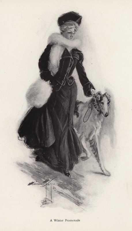 Kışın kaba kömür ocağı köpeğini yürüyen kadın (lito) by Harrison Fisher