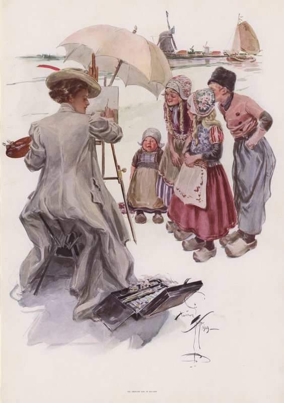 Hollandalı bir sahneyi boyayan genç Amerikalı kadın (renkli taş) by Harrison Fisher