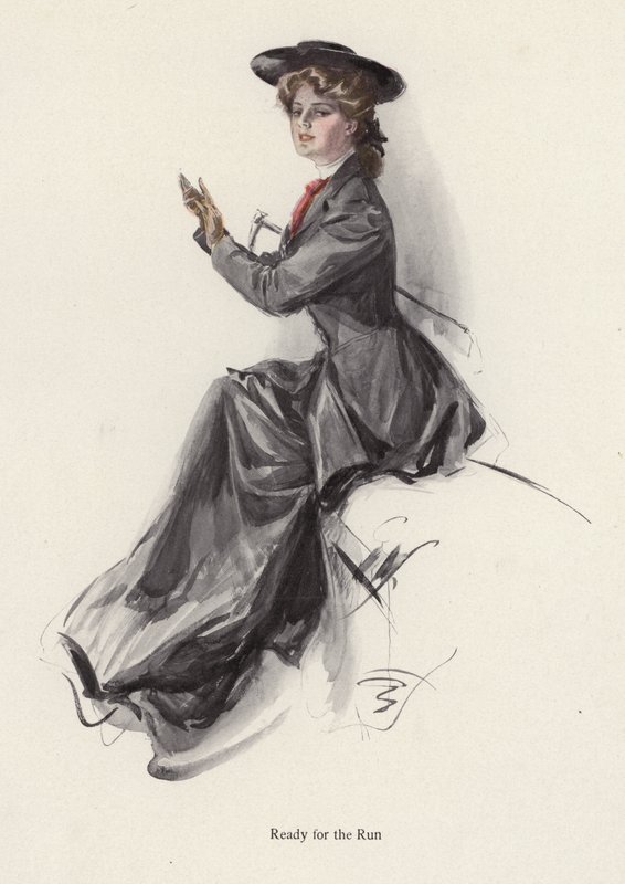 Genç kadın ata binmeye hazırlanıyor (renkli taş) by Harrison Fisher