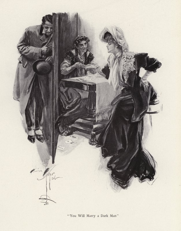 Bir Çingene (lito) tarafından geleceğini söyleyen genç kadın by Harrison Fisher