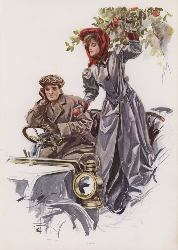 Bir arabanın içinden elma toplayan genç kadın (renkli taş) by Harrison Fisher