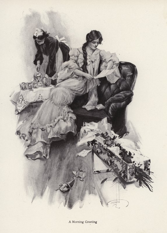 Bir buket çiçek ve bir hayranından mektup alan genç kadın (litho) by Harrison Fisher