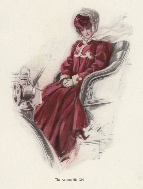 Bir arabada oturan genç kadın (renkli taş) by Harrison Fisher