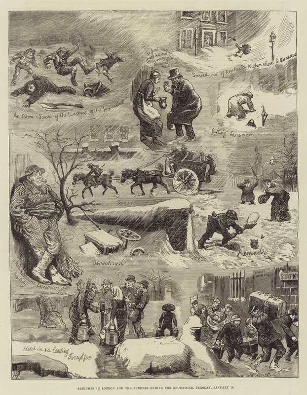 Kar Fırtınası Sırasında Londra ve Banliyölerde Eskizler, 18 Ocak Salı by Harry Furniss