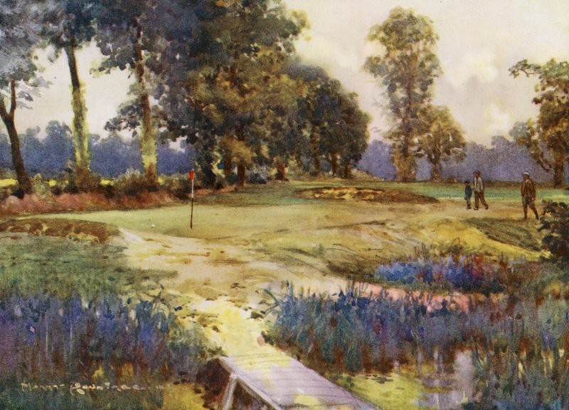 Golf Sahaları: Romford, altıncı yeşil (renkli lito) by Harry (1878-1950) Rountree