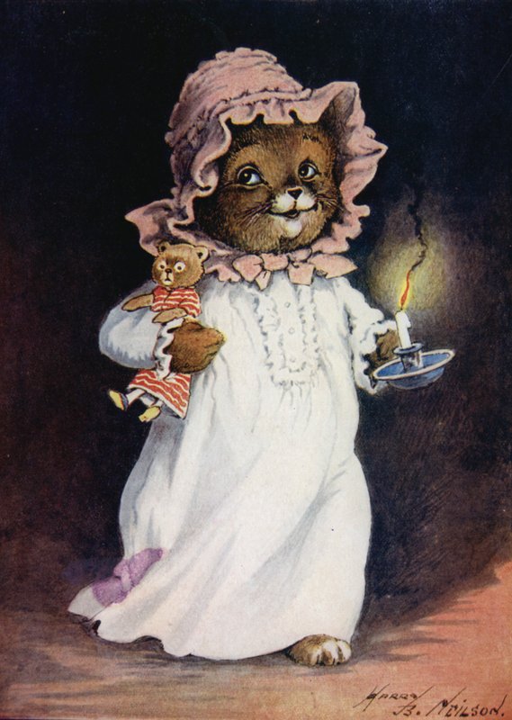 Gecelik, bir mum ve oyuncak kedi taşıyan kedi, yatağa gidiyor by Harry B Neilson