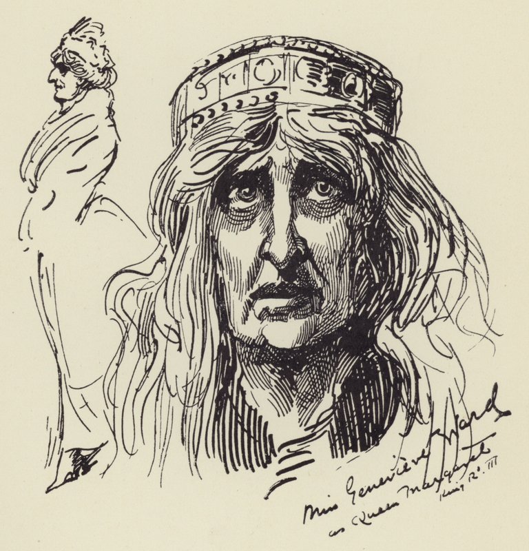 Bayan Genevieve Ward Kraliçe Margaret olarak by Harry Furniss