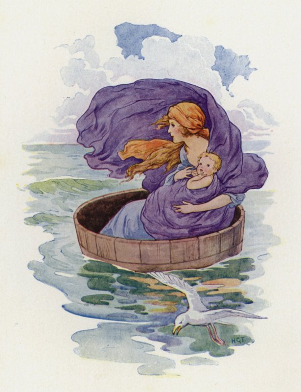 Uzaklara yelken açtı Danae ve küçük oğlu (renkli taş baskı) by Harry George Theaker