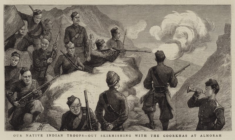 Our Native Indian Troops, Out skirmishing with the Goorkhas at Almorah  by Harry Hamilton Johnston