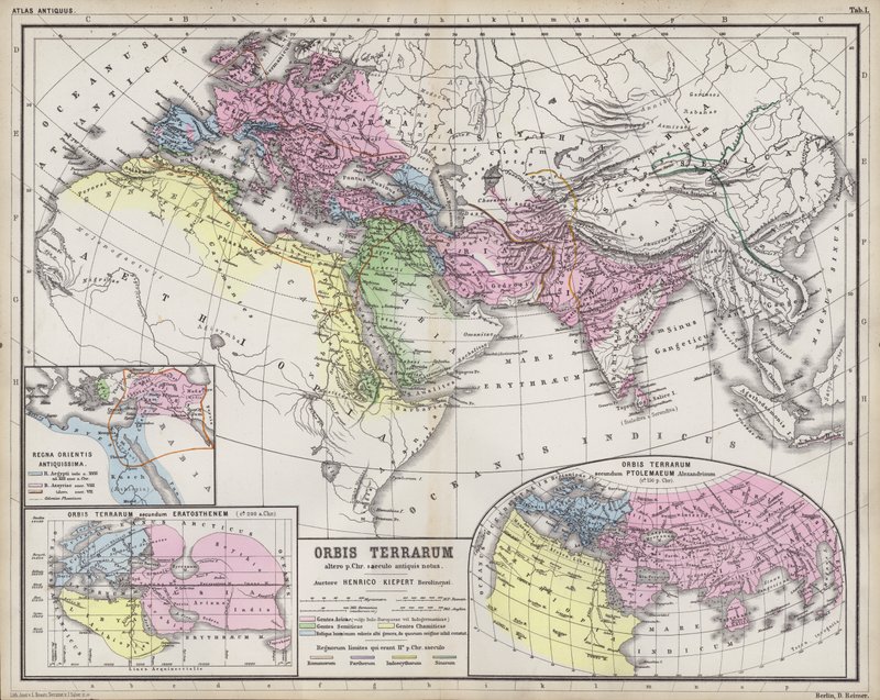 Antik çağda bilinen Dünya krallıklarının kapsamını gösteren haritalar (renkli gravür) by Heinrich Kiepert