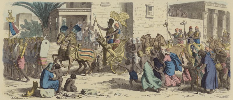 Savaşa hazırlanan bir Antik Mısır firavunu (renkli gravür) by Heinrich Leutemann