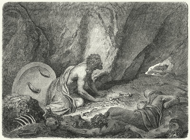 Spartalılar tarafından atıldığı çukurdan kaçan Aristomenes (gravür) by Heinrich Leutemann