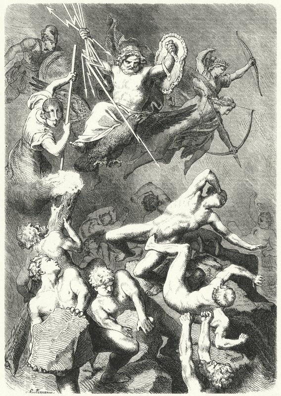 Antik Yunan Tanrıları ve Titanlar arasındaki savaş (gravür) by Heinrich Leutemann