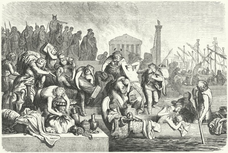 Yağmalanmış bir şehirden ganimet yüklü bir Vandal filosunun ayrılması (gravür) by Heinrich Leutemann