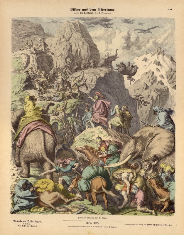 Hannibal, Kartaca ordusunu Alpler üzerinde yönetiyor (renkli gravür) by Heinrich Leutemann