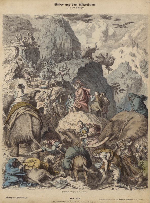 Hannibal, Kartaca ordusunu Alpler üzerinde yönetiyor (renkli gravür) by Heinrich Leutemann