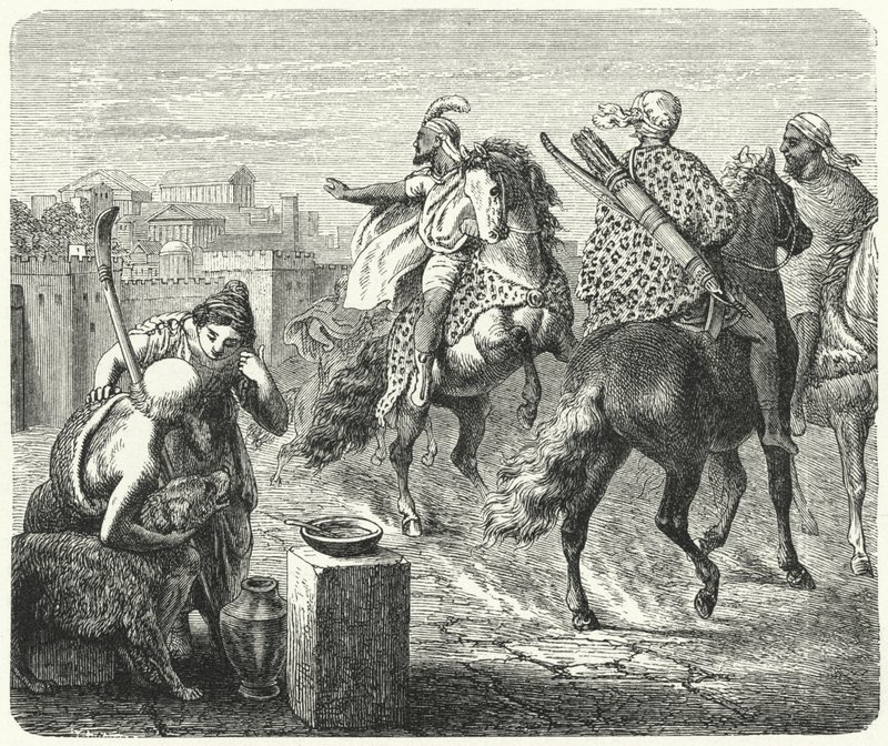 Numidialı Jugurtha, yozlaşmış Roma şehrini terk ediyor (gravür) by Heinrich Leutemann
