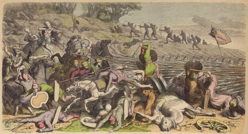 Perslerle bir savaşta Makedon falanksı (renkli gravür) by Heinrich Leutemann