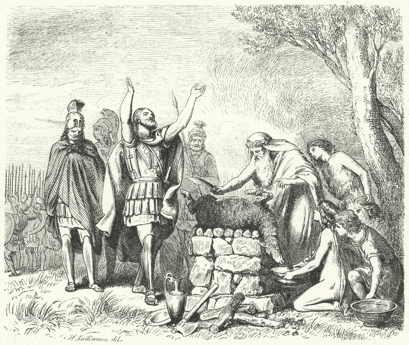 Pausanias'ın Plataea Savaşı'ndan önce tanrılara kurban kesmesi, MÖ 479 (gravür) by Heinrich Leutemann