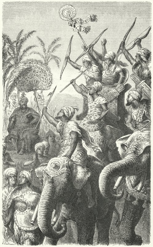 Pauravas Kralı Porus, savaş fillerini incelerken (gravür) by Heinrich Leutemann