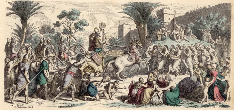 Muzaffer bir Asur ordusunun kabulü (renkli gravür) by Heinrich Leutemann
