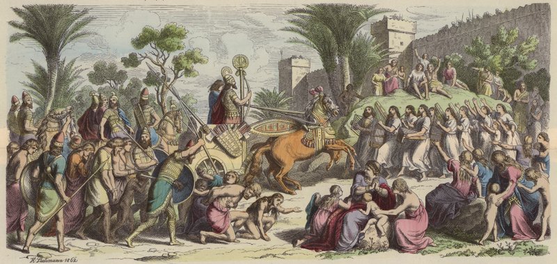 Muzaffer bir Asur ordusunun kabulü (renkli gravür) by Heinrich Leutemann