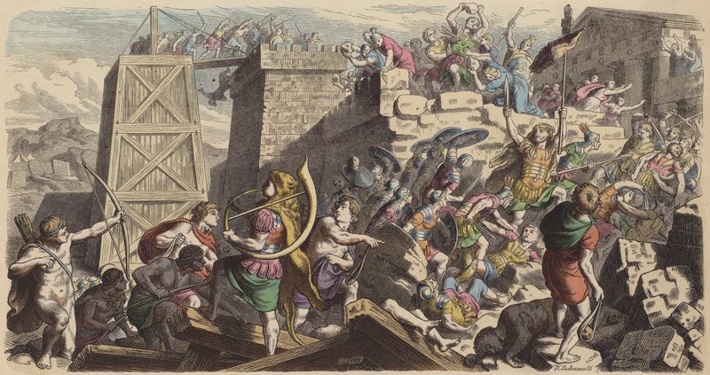Bir şehri basan Romalı askerler (renkli gravür) by Heinrich Leutemann