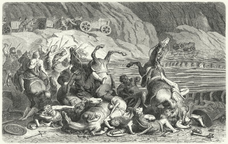 Trakya süvarilerine karşı falanks oluşumunda konuşlanan Romalılar (gravür) by Heinrich Leutemann