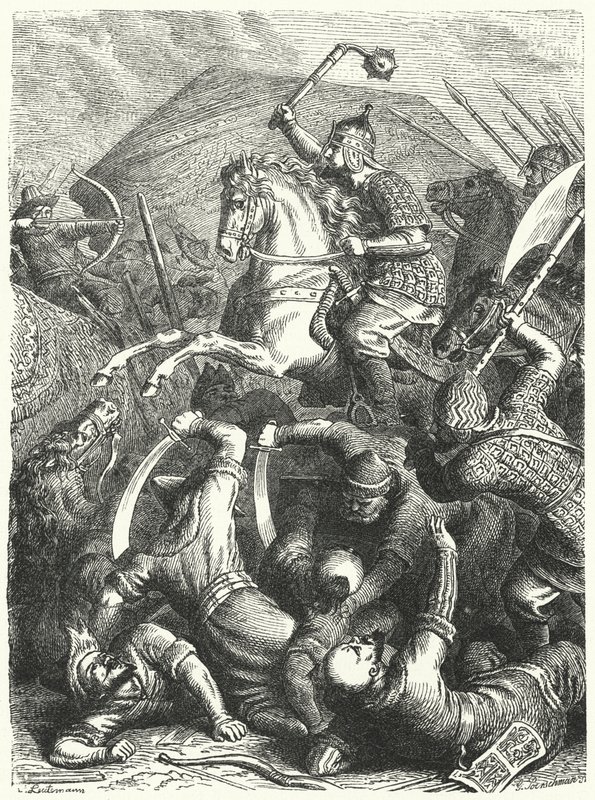 Kazak askeri komutanı Yermak Timofeyevich, Kuchum Khan Tatarları ile savaşta (gravür) by Heinrich Leutemann