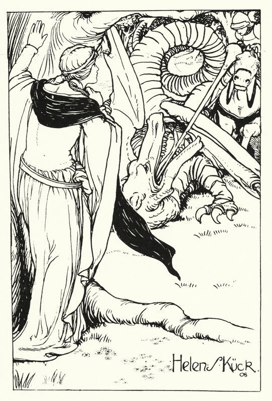 Kızıl Haç Ejderha ile savaşır (gravür) by Helen S. Kuck