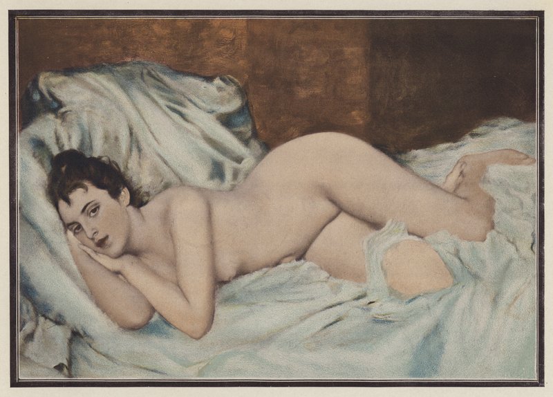 Bir yatakta çıplak kadın (renkli taş) by Henri Lucien (after) Doucet