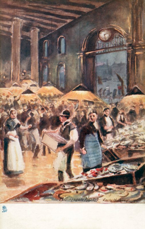 Eski Londra: Billingsgate Pazarı, sabahın erken saatleri (renkli lito) by Henrie Pitcher