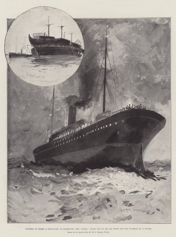 Cholera on Board a Troop-Ship at Plymouth, the Nubia going out to Sea at Night for the Funeral of a Victim  by Henry Charles Seppings Wright