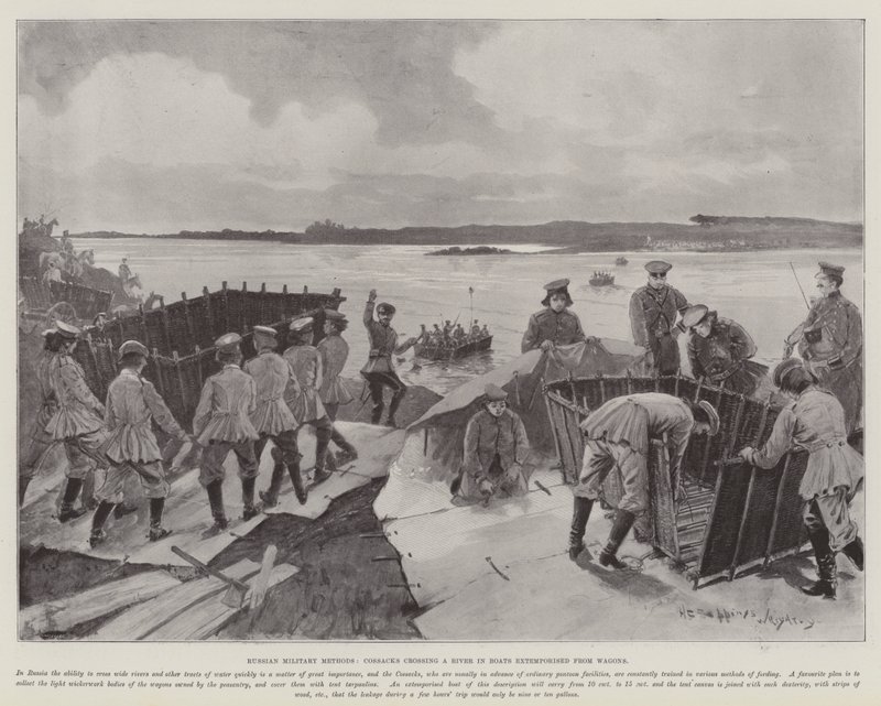 Rus Askeri Yöntemleri, Kazaklar Vagonlardan Doğan Kayıklarla Nehir Geçişi by Henry Charles Seppings Wright
