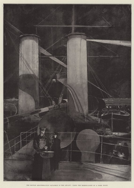 The British Mediterranean Squadron in the Levant, using the Search-Light on a Dark Night  by Henry Charles Seppings Wright