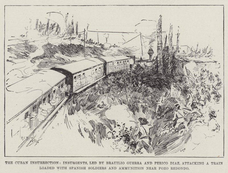 Brauilio Guerra ve Perico Diaz liderliğindeki Küba Ayaklanması, İsyancılar, Pozo Redondo yakınlarında İspanyol Askerleri ve Mühimmat yüklü bir Trene saldırıyor by Henry Charles Seppings Wright
