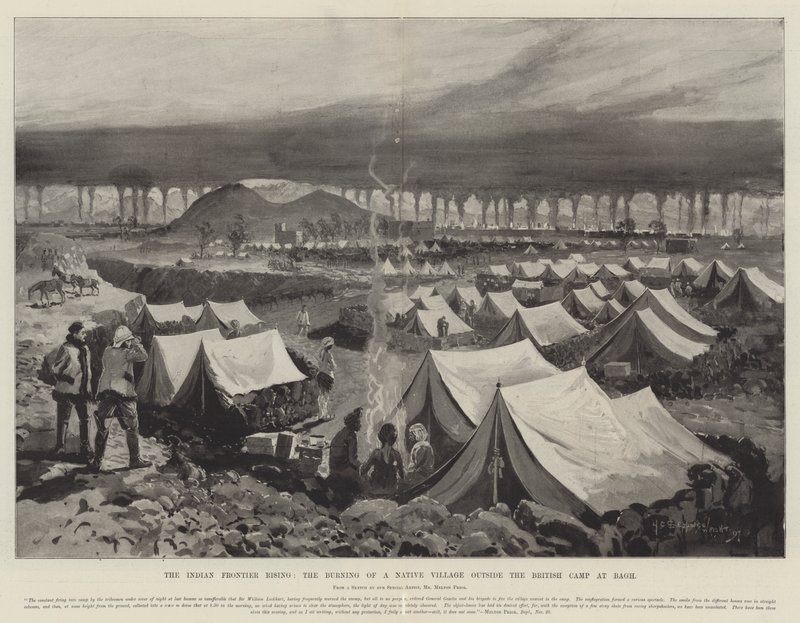 Hint Sınırının Yükselişi, Bagh'daki İngiliz Kampının Dışında Yerli Bir Köyün Yakılması by Henry Charles Seppings Wright