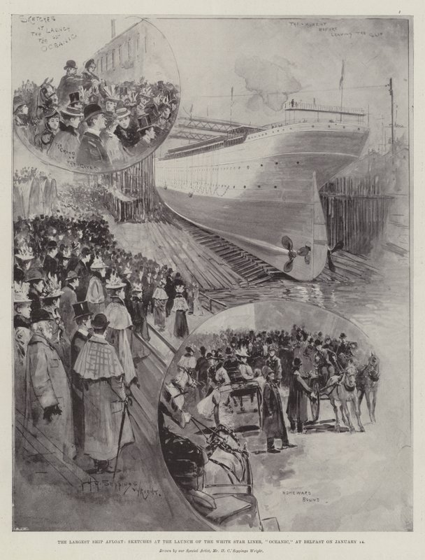 Yüzen En Büyük Gemi, White Star Liner Oceanic'in 14 Ocak'ta Belfast'ta Lansmanında Eskizler by Henry Charles Seppings Wright
