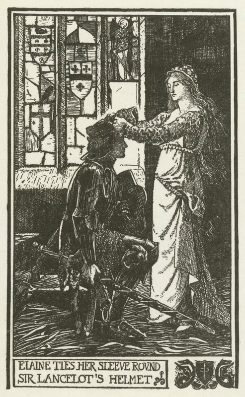 Elaine kolunu Sör Lancelot'un miğferine bağlıyor. by Henry Justice Ford
