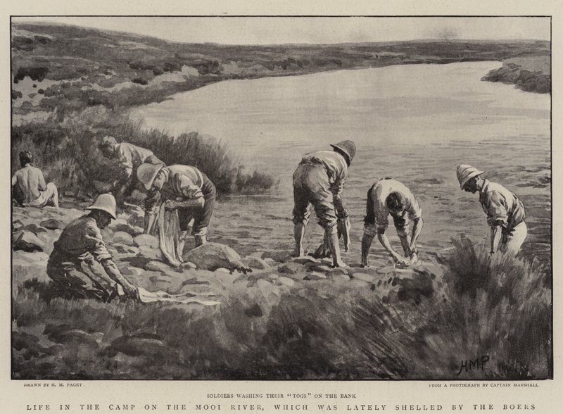 Son zamanlarda Boers tarafından bombalanan Mooi Nehri üzerindeki Kampta Yaşam by Henry Marriott Paget