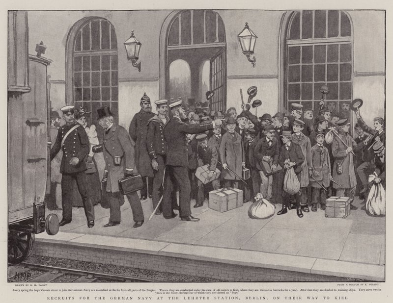 Kiel'e giderken, Berlin'deki Lehrter İstasyonu'ndaki Alman Donanması için askerler by Henry Marriott Paget