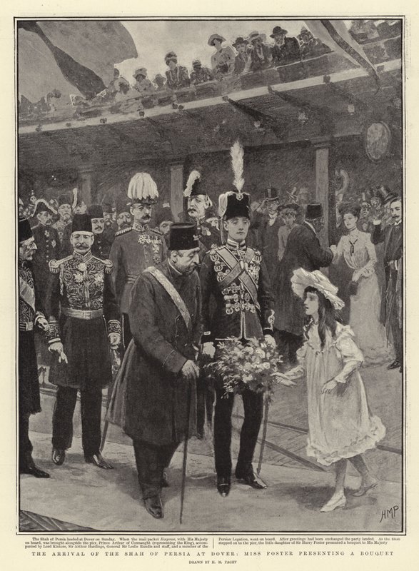 Pers Şahı'nın Dover'a Gelişi, Bayan Foster bir Buket sunarken by Henry Marriott Paget