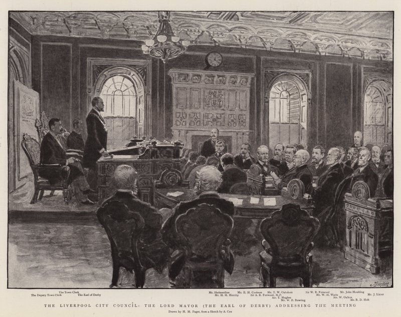 Liverpool Belediye Meclisi, Lord Mayor (Derby Kontu) Toplantıya hitap ediyor by Henry Marriott Paget